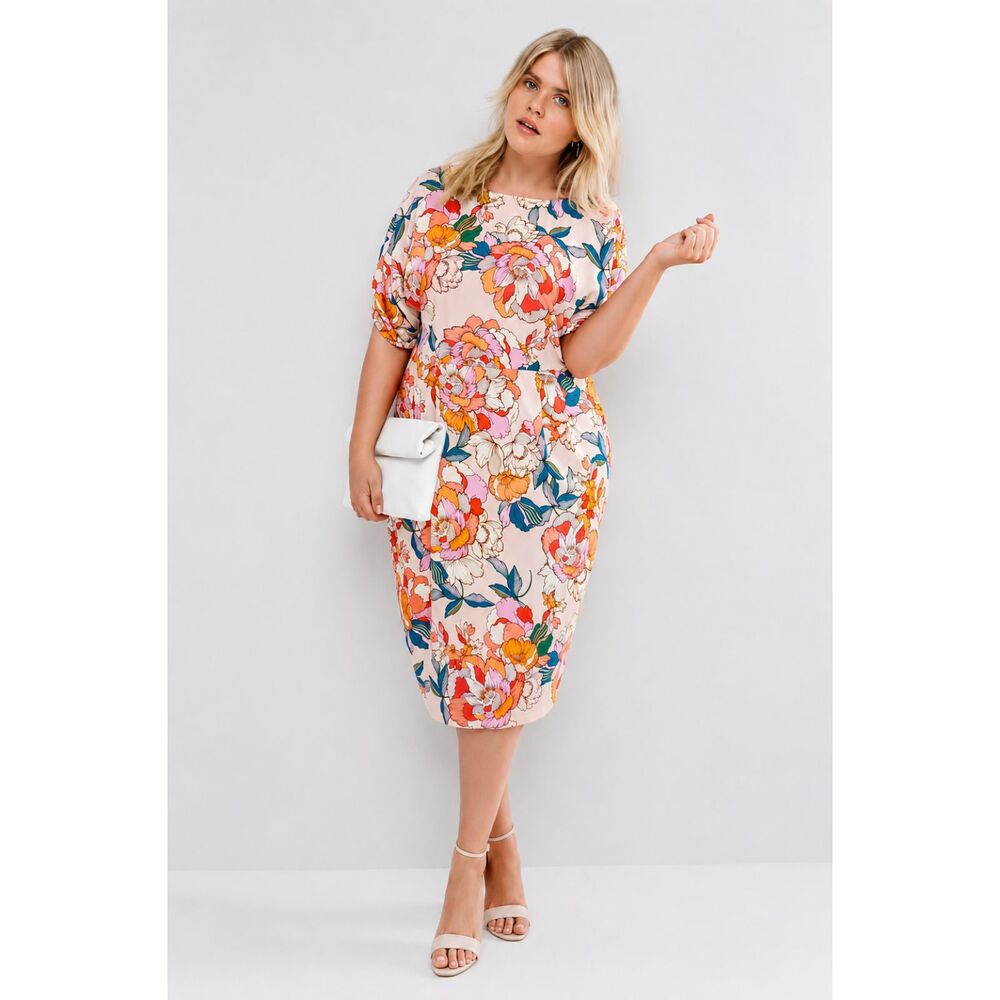 ASOS Floral Wiggle Midi Winery Dress US 8 -10 Pink Pockets Viscose Sheath Career
